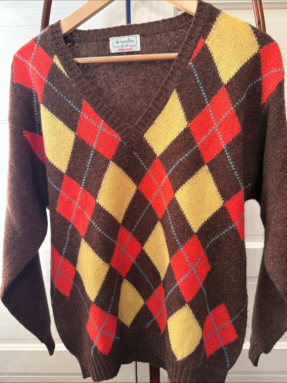 Vintage United colors of Benetton Shetland Wool Argyle Sweater Italy
